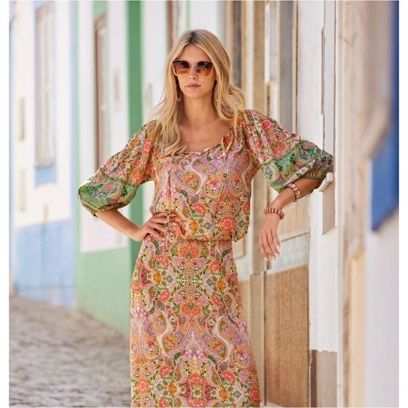 Boston Proper Blouse Sz XS Boho Beach Club Print Blouson - Picture 4 of 12